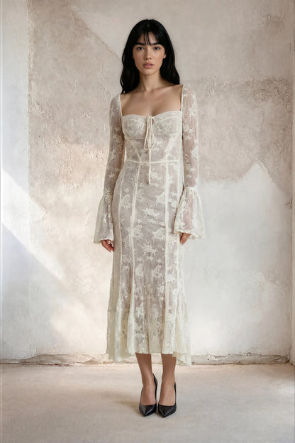 Vestido Maxi Marlene Elegante de Encaje en Blanco