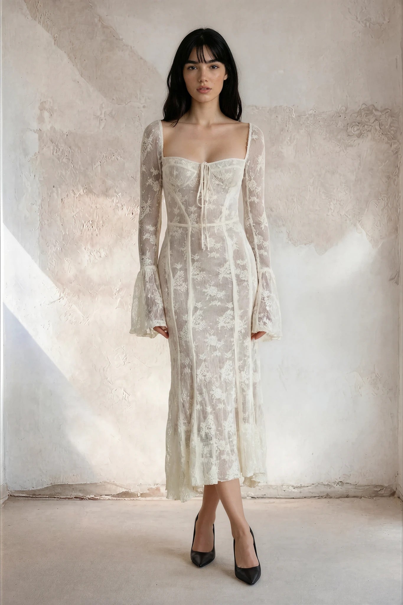 Vestido Maxi Marlene Elegante de Encaje en Blanco