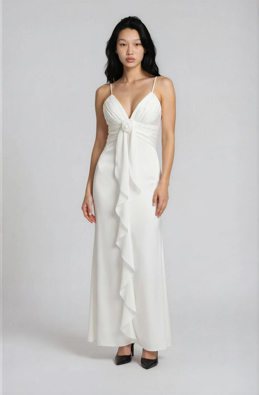 Vestido Maxi Elegante Sin Mangas con Volantes Florales Yvonne