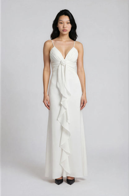 Vestido Maxi Elegante Sin Mangas con Volantes Florales Yvonne