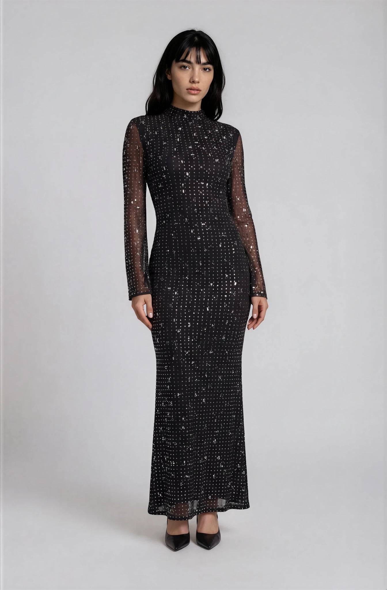 Andie Elegantes Strass Bodycon-Maxikleid Langarm