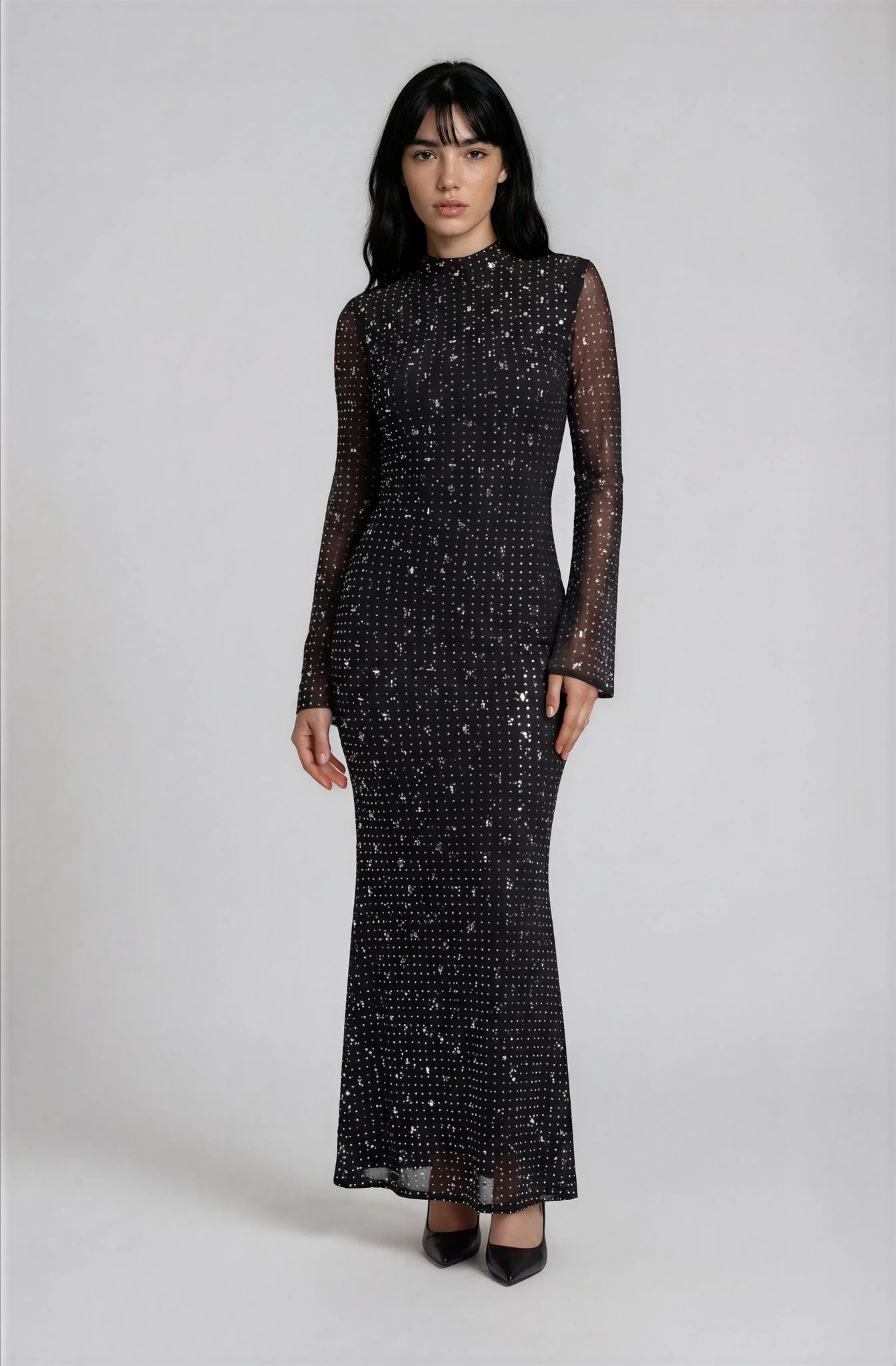 Andie Elegantes Strass Bodycon-Maxikleid Langarm