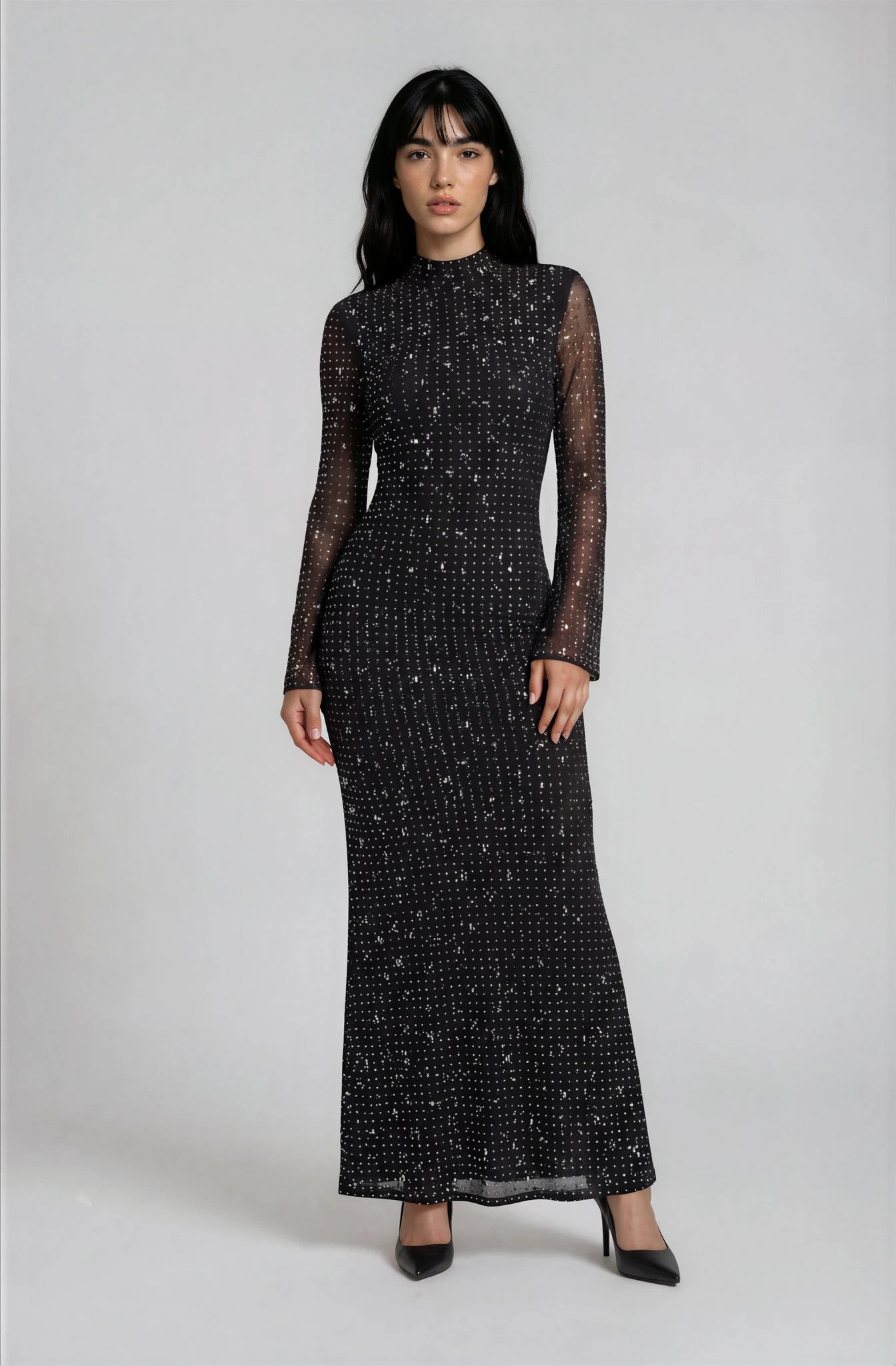 Andie Elegantes Strass Bodycon-Maxikleid Langarm