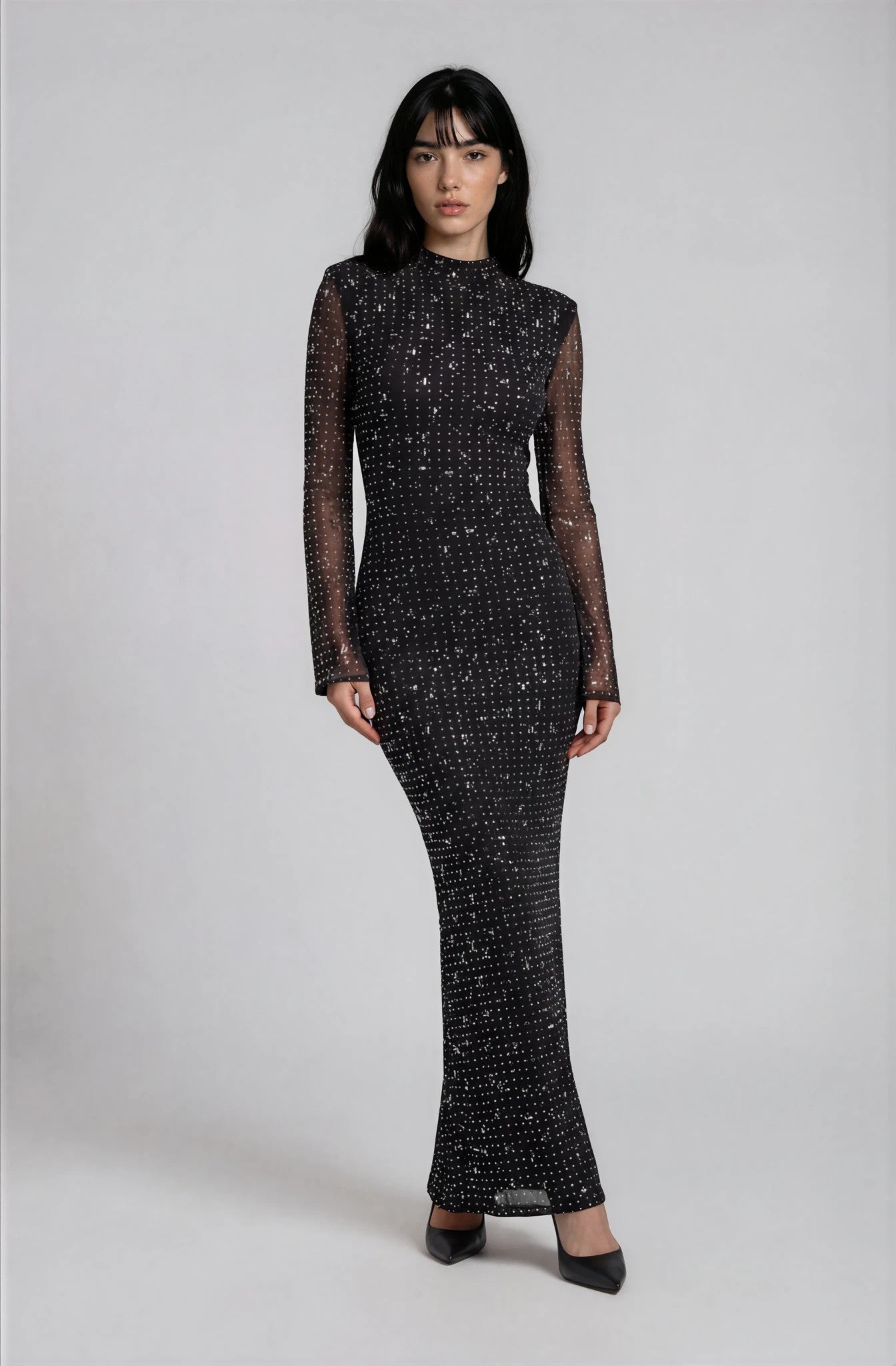 Andie Elegantes Strass Bodycon-Maxikleid Langarm