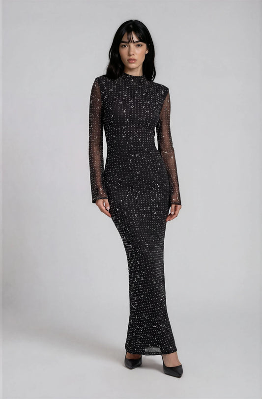 Vestido Maxi Bodycon Andie Elegante con Strass y Manga Larga