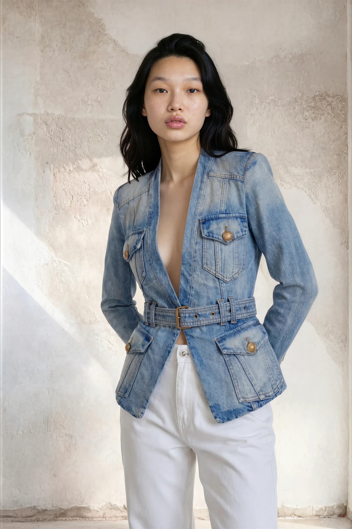 Dionysia Elegante Denimjacke mit Plunge-Ausschnitt