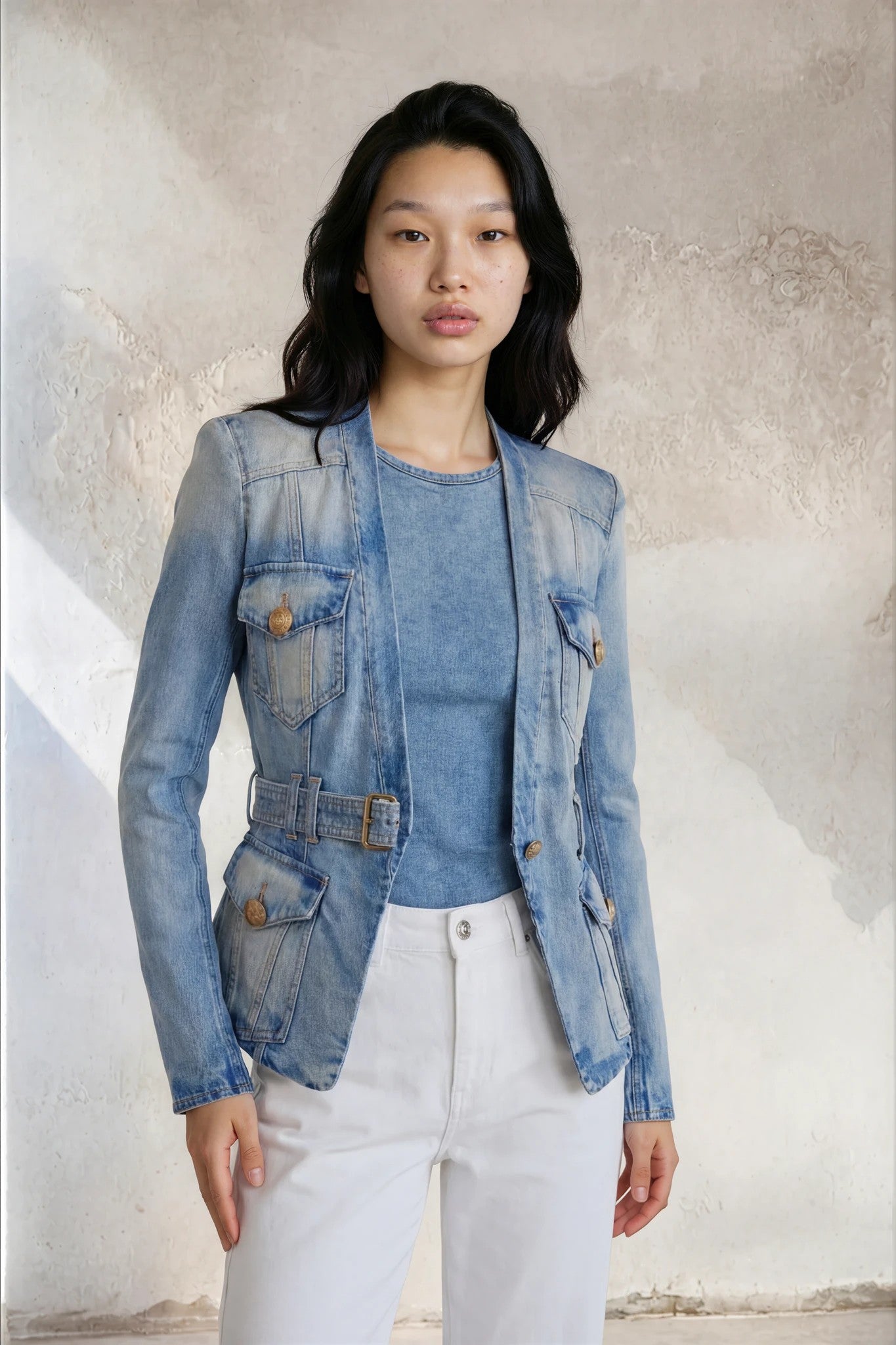 Dionysia Elegante Denimjacke mit Plunge-Ausschnitt