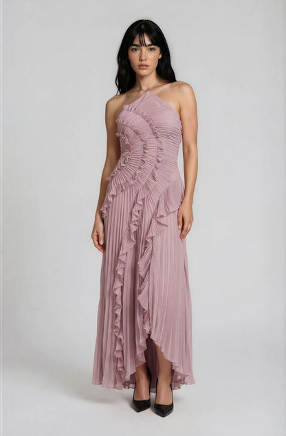 Vestido Midi Halter Plisado con Volantes