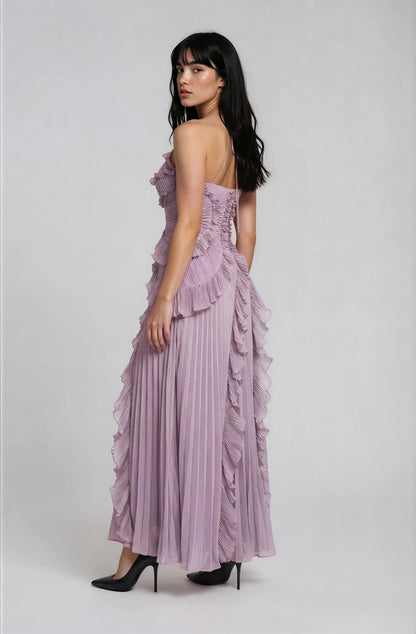 Vestido Midi Halter Plisado con Volantes