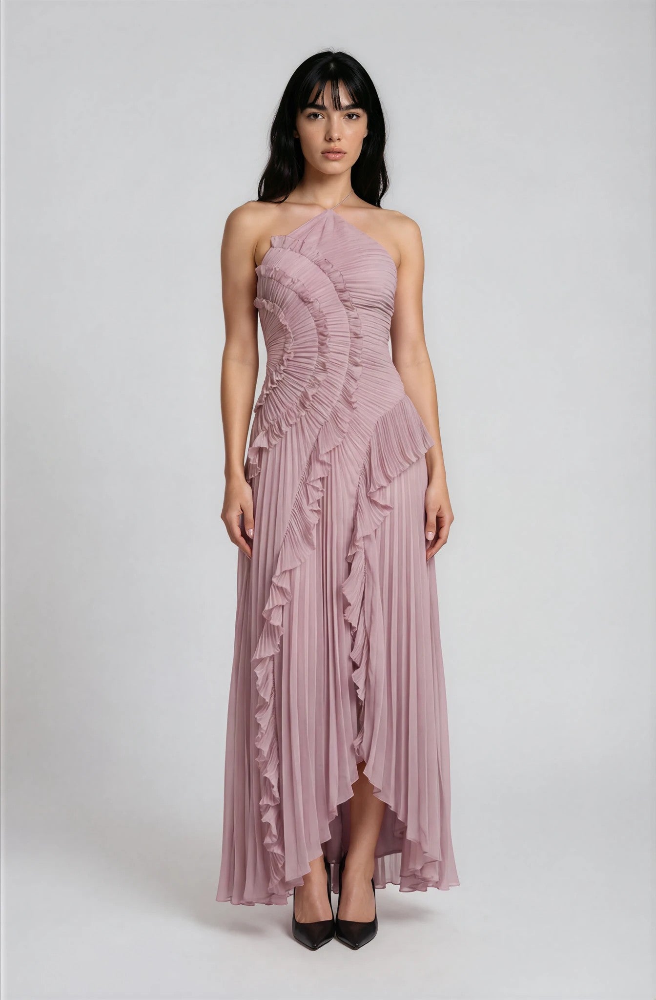 Vestido Midi Halter Plisado con Volantes