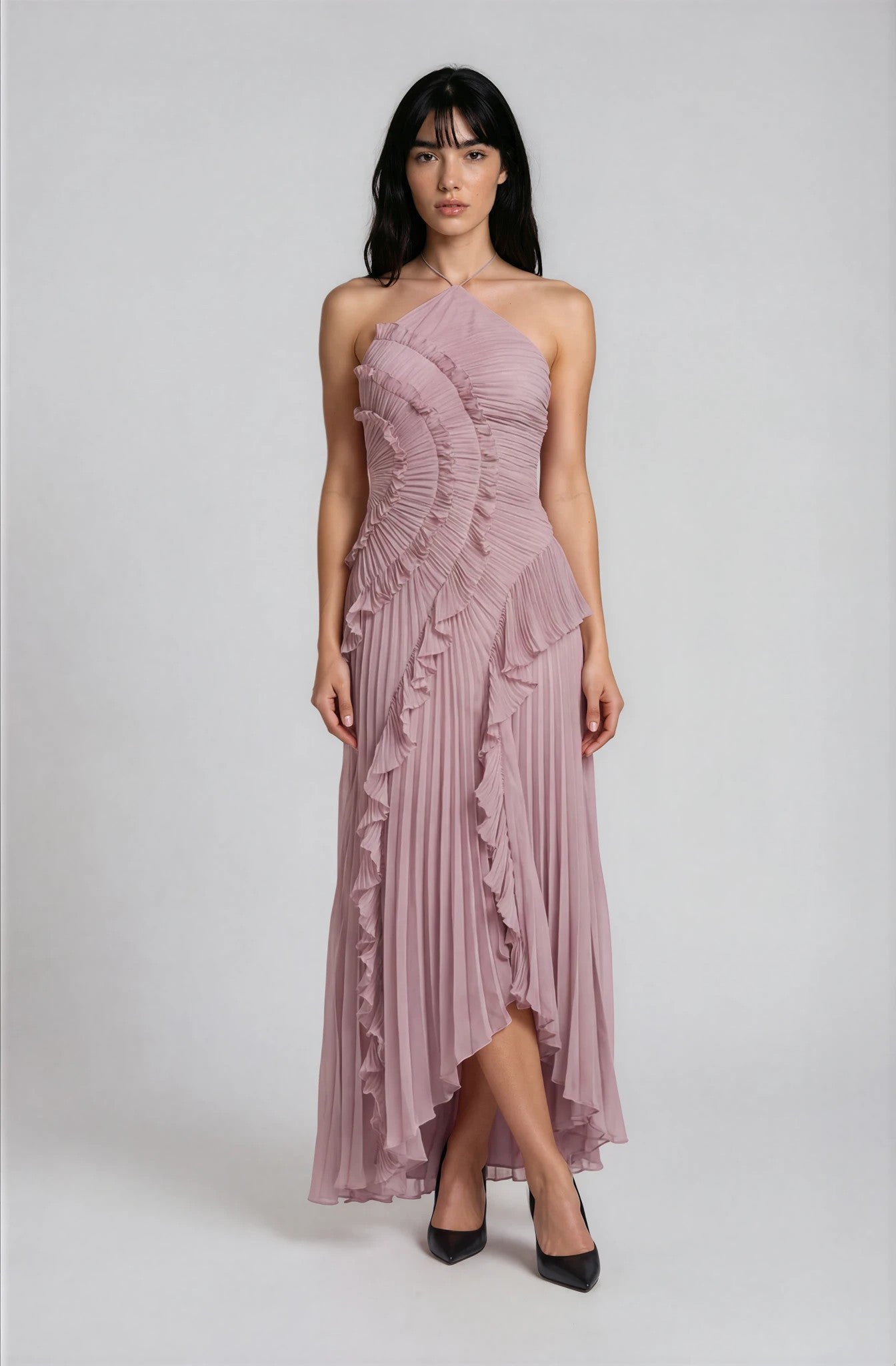 Vestido Midi Halter Plisado con Volantes