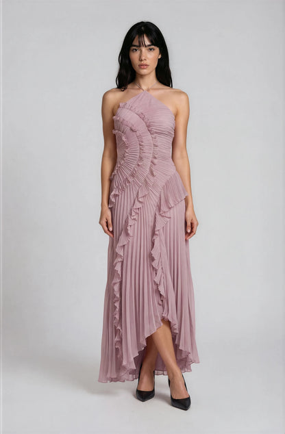 Vestido Midi Halter Plisado con Volantes